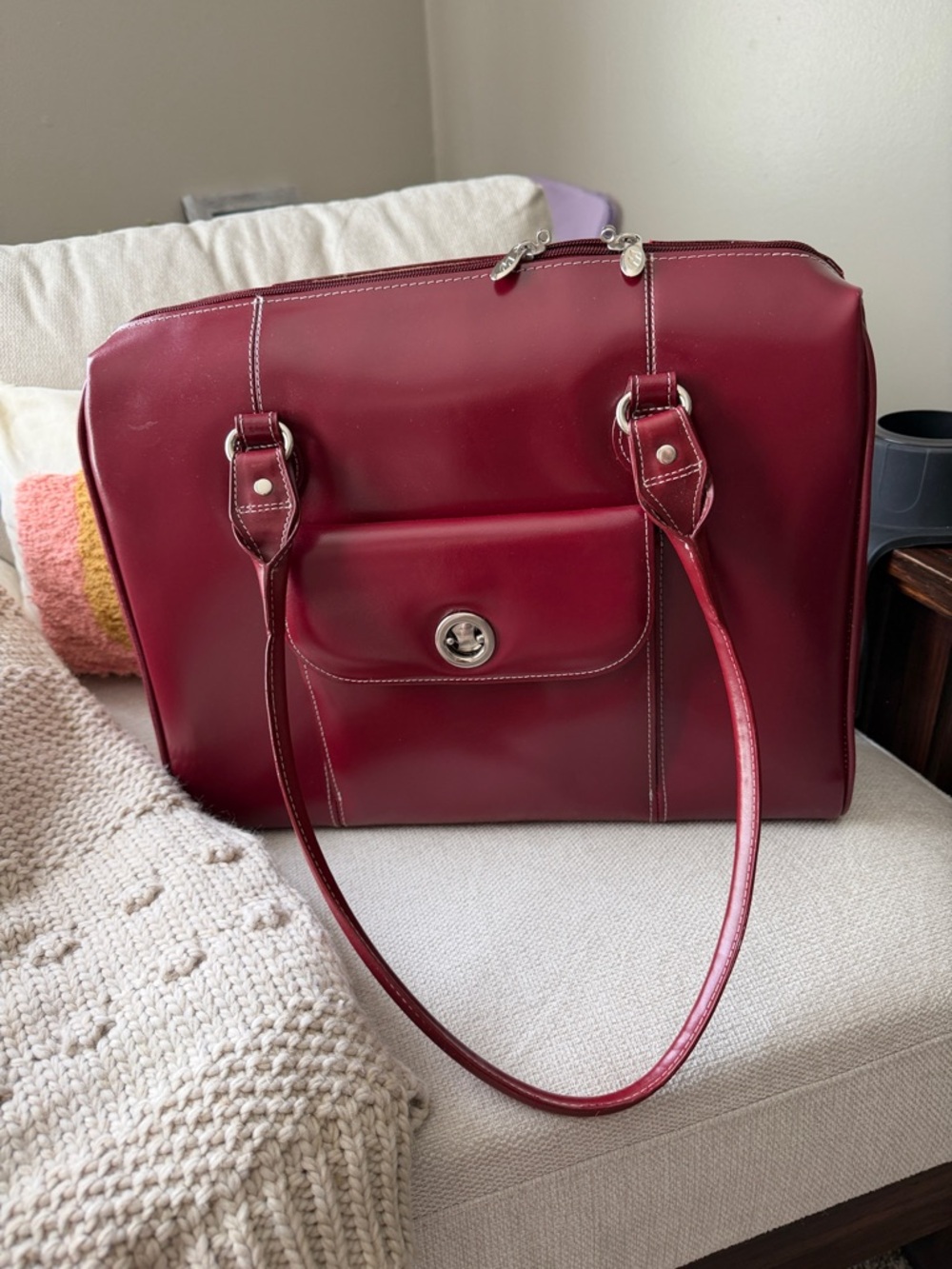 McKlein Burgundy Italian Leather Laptop Tote Bag - Classic Work Shoulder Bag